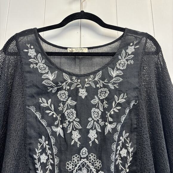 Unity World Wear Black Floral Sheer Blouse Women Large Knit Web Boho Beachy Chic - Picture 2 of 9